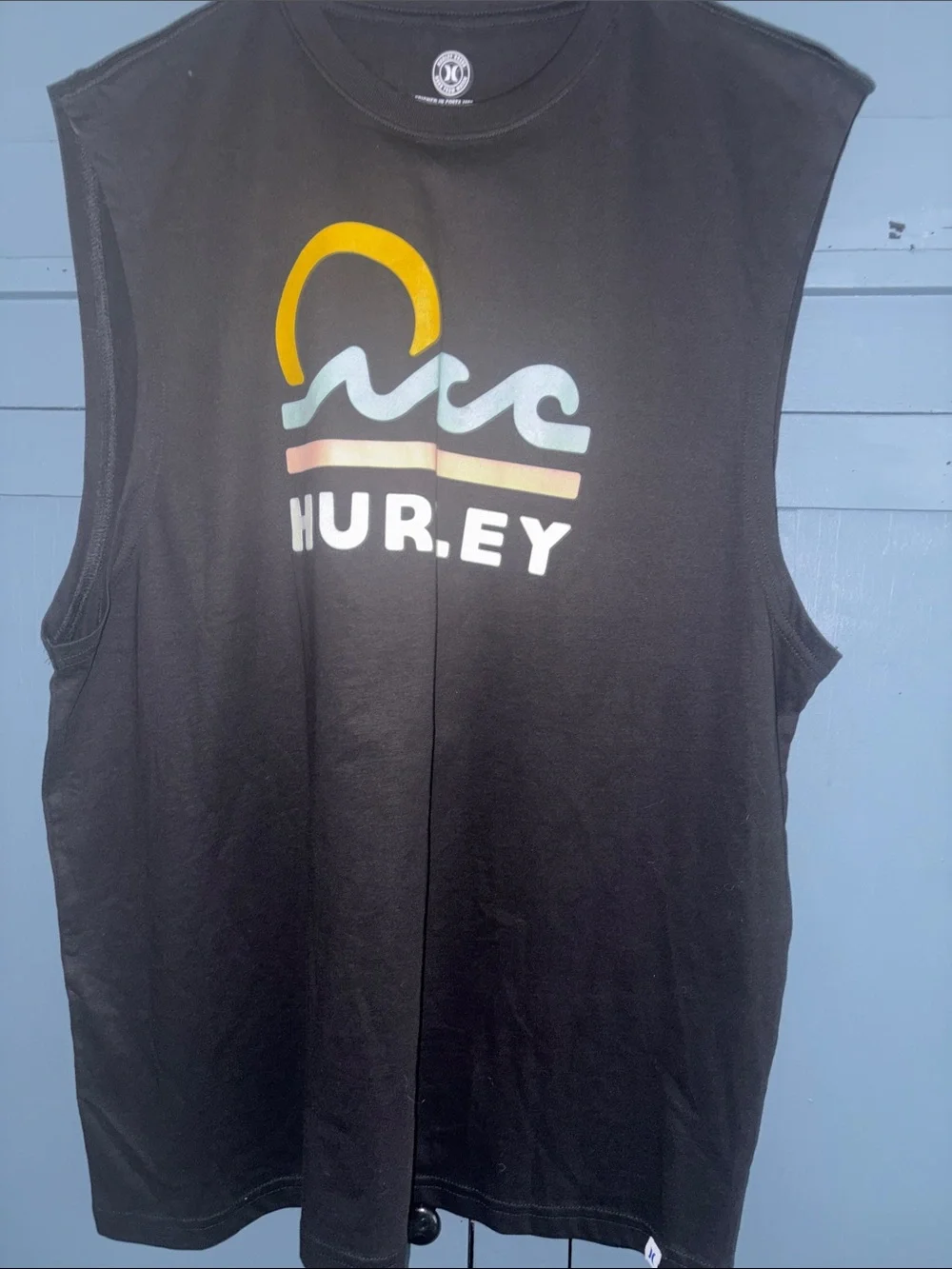 Hurley Black Sleeveless Swim Top with Yellow, Teal & Peach Graphic